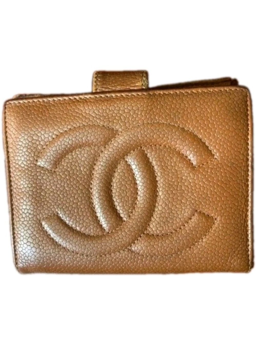 CHANEL Tan Caviar Leather Kiss Lock Compact Wallet with Embossed CC